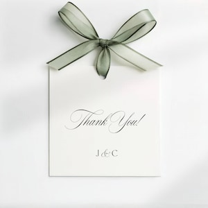 May include: A white rectangular gift tag with the words "Thank You!" in elegant script, and initials "J & C" below. A sheer, olive green ribbon is tied in a bow at the top of the tag, creating a delicate and refined aesthetic.