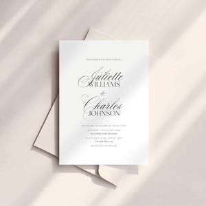 May include: A white wedding invitation with elegant black script. The names "Juliette Williams" and "Charles Johnson" are featured prominently. The invitation includes details about the wedding ceremony, such as the date, time, and location in Venice, Italy.