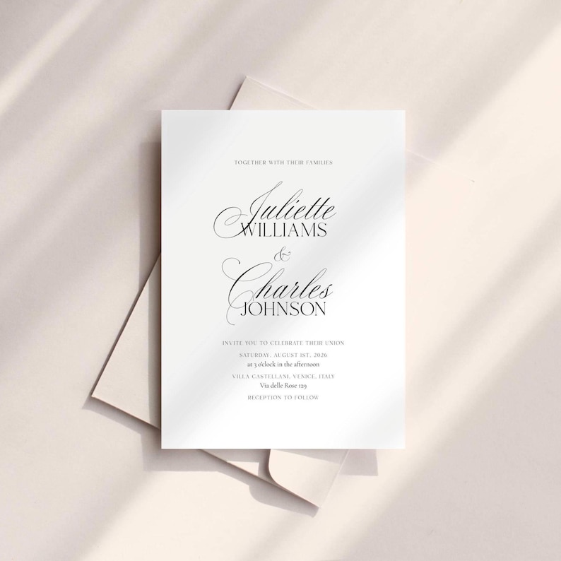 May include: A white wedding invitation with elegant black script. The names "Juliette Williams" and "Charles Johnson" are featured prominently. The invitation includes details about the wedding ceremony, such as the date, time, and location in Venice, Italy.