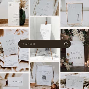 May include: A collection of wedding stationery with a minimalist design. The stationery includes a save the date card, RSVP card, details card, order of events card, and a honeymoon card. The cards are all white with black text and feature a simple, elegant design.