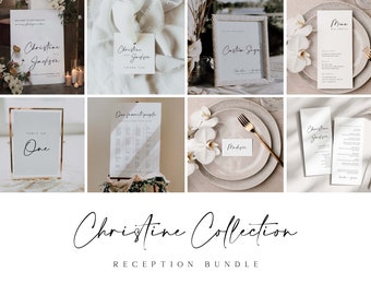 May include: A wedding reception bundle with printable signage, including a welcome sign, table numbers, a seating chart, a menu, and place cards. The signs are printed on white cardstock and feature a simple, modern design with black calligraphy.