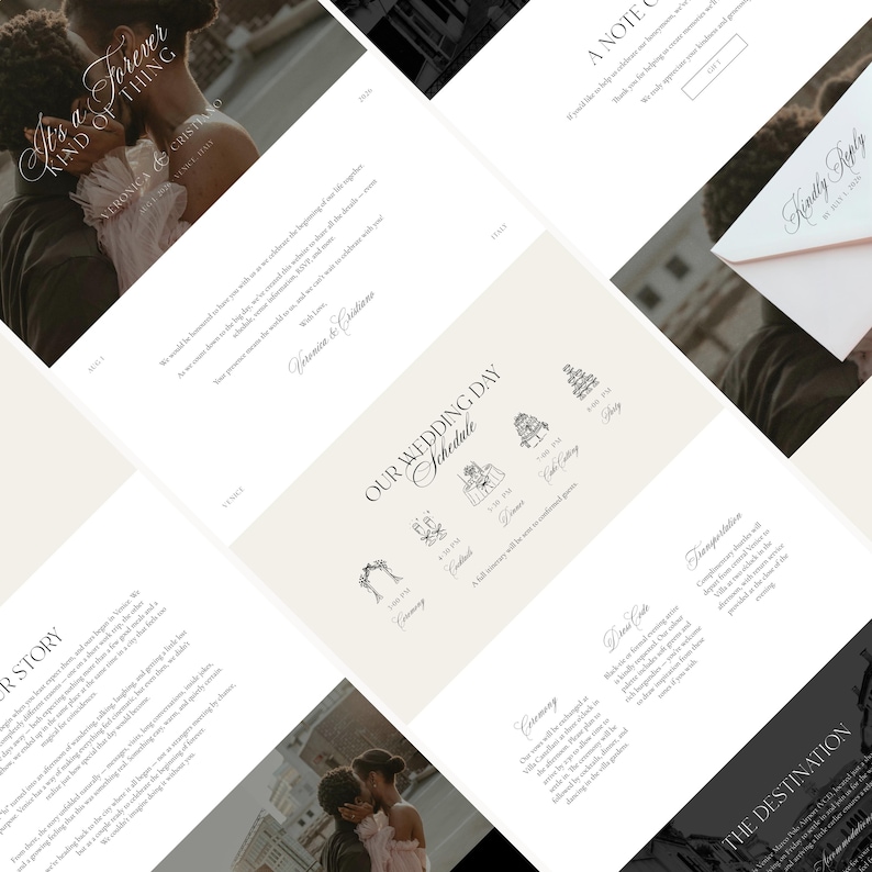 K&ouml;nnte beinhalten: Hochzeitspapeterie-Set mit romantischem Thema. Das Set beinhaltet eine Einladung, eine Antwortkarte und einen Hochzeitsplan. Das Design zeichnet sich durch elegante Typografie und Illustrationen in einer weichen, neutralen Farbpalette aus.