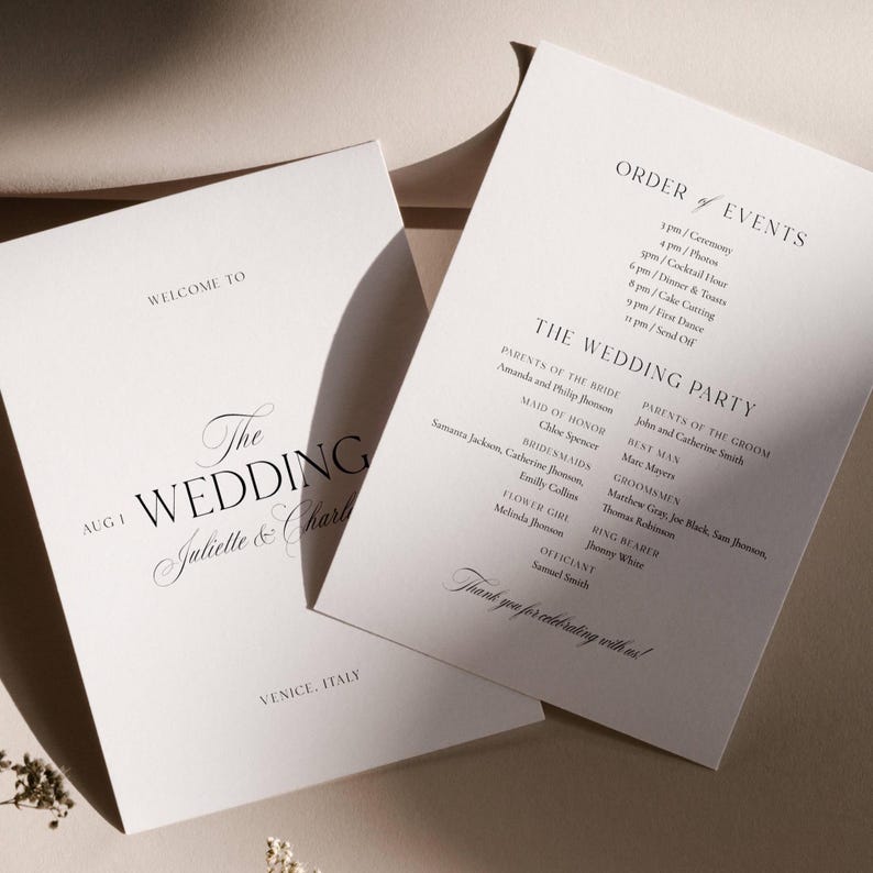 May include: Two white wedding programs with elegant black text. One program reads "Welcome to The Wedding Juliette & Charlie" and "Venice, Italy." The other lists the order of events and wedding party details.