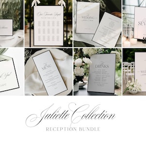 Può includere: Una collezione di eleganti cartelli e articoli di cancelleria per ricevimenti di nozze. I cartelli includono tabelle dei posti a sedere, menu ed elenchi di bevande, tutti con un design minimalista in bianco e nero. La cancelleria presenta calligrafia e un'estetica classica. Il tema è un matrimonio sofisticato e moderno.
