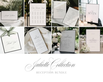 May include: A collection of elegant wedding reception signs and stationery. The signs include seating charts, menus, and drink lists, all with a minimalist black and white design. The stationery features calligraphy and a simple, classic aesthetic. The overall theme is a sophisticated and modern wedding.