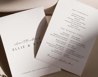 ELLIE Minimal Wedding Program Template, Simple Wedding Program Tamplate Download, Elegant Wedding Program, Instant Download, Fully Editable