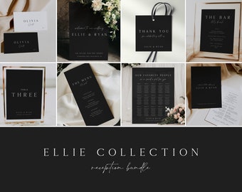 ELLIE Modern Black Wedding Reception Bundle Template, Printable Wedding Signs, Minimal Black & White Wedding Signage Bundle, Fully Editable