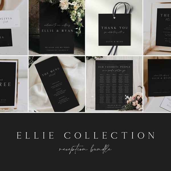 Шаблон набора современных черных свадебных вывесок ELLIE, свадебные вывески для печати, минимальный набор черно-белых свадебных вывесок, полностью редактируемые