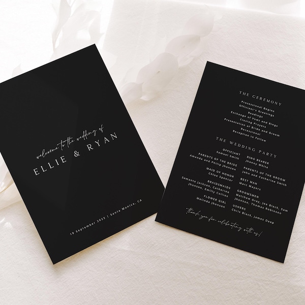 Modèle de programme de mariage noir ELLIE, programme de mariage moderne à télécharger, programme de mariage élégant, téléchargement immédiat, entièrement modifiable