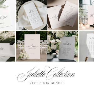 Pode incluir: Uma coleção de papelaria de casamento elegante, incluindo cartões de menu, mapas de assentos e sinalização. Os designs apresentam layouts minimalistas com texto preto sobre fundo branco. Um cartão de agradecimento com uma fita verde também está incluído.