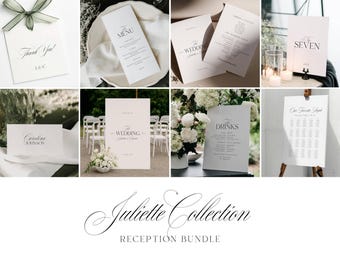 May include: A selection of wedding stationery with minimalist designs. The image shows menu cards, seating plans, and signage with black text on a white background. A thank you card with a green ribbon is also included.