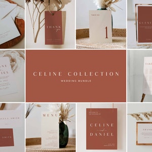 CELINE Terracotta Minimal Wedding Invitation Bundle, Burnt Orange Minimalist Large Wedding Bundle, Rust Orange Fall Wedding Template Bundle