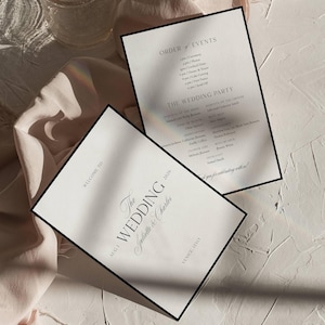 Pu&ograve; includere: Due eleganti programmi di nozze con bordi neri. Uno mostra il testo "WELCOME TO The WEDDING Juliette & Charles AUG 1 2026 VENICE, ITALY." L'altro elenca l'ordine degli eventi e i dettagli degli sposi.
