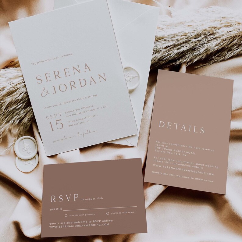 Beige Wedding Invitation Suite Template, Boho Minimalist Wedding Invitation Template, Wedding Invitation With Rsvp, Editable Invitation Set image 4