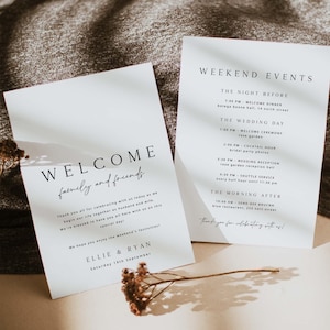 Descarga la plantilla de tarjeta de itinerario de boda minimalista y moderna de ELLIE, plantilla de carta de bienvenida y cronograma simple, tarjeta de orden de eventos de boda