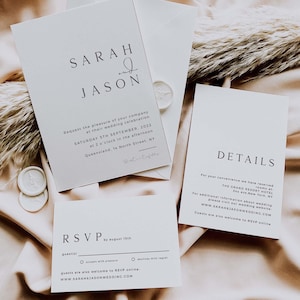 Modèle minimaliste de suite de faire-part de mariage SARAH, tampon d'invitation de mariage moderne, faire-part de mariage avec Rsvp, ensemble de faire-part de mariage