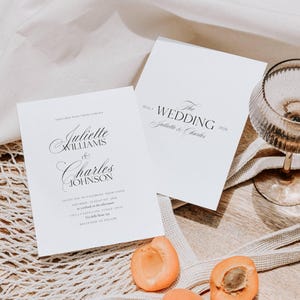 May include: Two white wedding invitation cards with elegant script. One card reads "Juliette Williams & Charles Johnson" and the other says "The Wedding Juliette & Charles 2026". Apricots and a champagne glass are also in the image.
