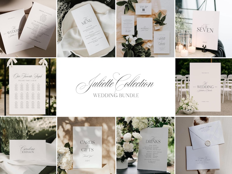 May include: A selection of wedding stationery, including menus, seating plans, and signage. The designs feature minimalist layouts with black text on a white background. The "Juliette Collection" wedding bundle is displayed in various settings.