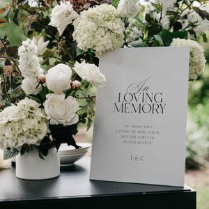 Op de afbeelding: Een wit bord met de tekst "In Loving Memory" en een oprechte boodschap, tentoongesteld in de buurt van een bloemstuk van witte hortensia's en rozen. Het bord staat op een zwart oppervlak.
