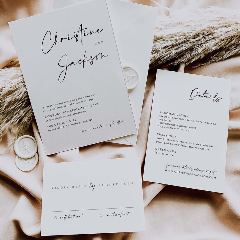 CHRISTINE Modern Elegant Wedding Invitation Bundle, DIY Minimal Large Wedding Kit, Modern Minimal Wedding Invitation Suite Template Bundle image 2