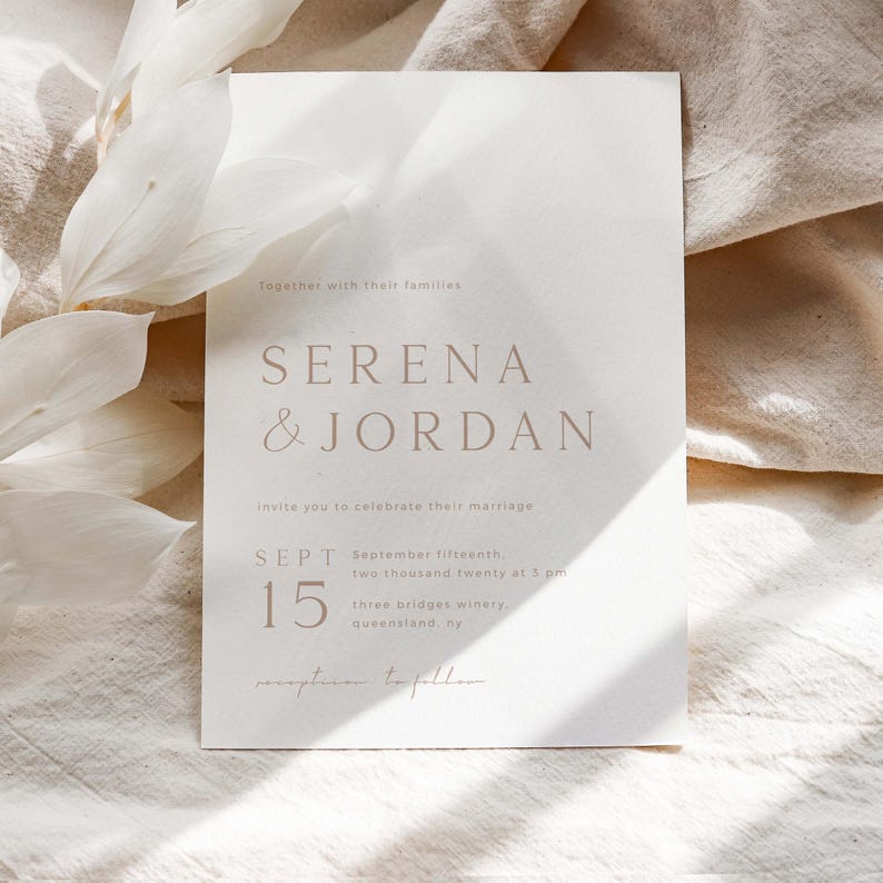 Beige Wedding Invitation Suite Template, Boho Minimalist Wedding Invitation Template, Wedding Invitation With Rsvp, Editable Invitation Set image 2