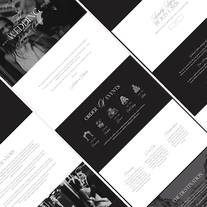 May include: A collection of black and white wedding invitation cards. The cards feature photos of a couple, event details, and the text "The Wedding" and "Kindly Reply by July 1, 2026". The cards are arranged at various angles.