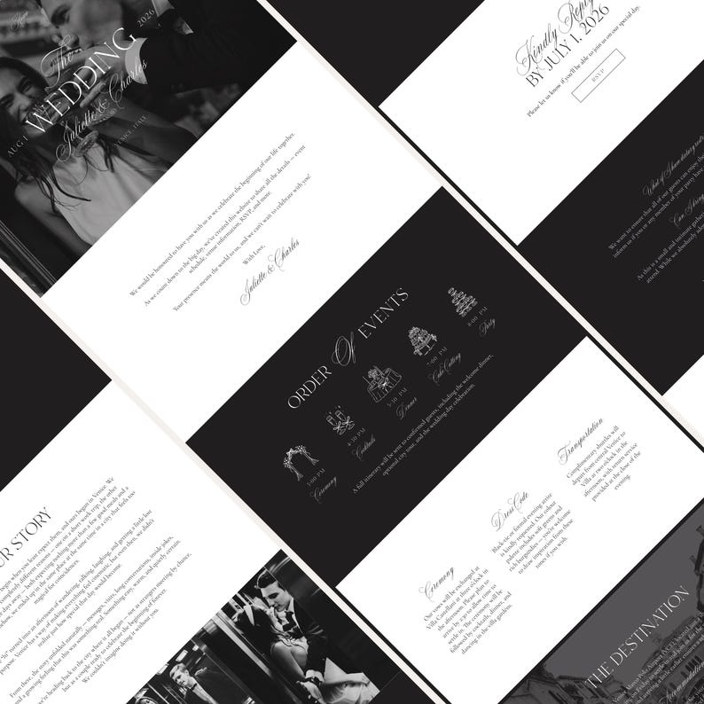 May include: A collection of black and white wedding invitation cards. The cards feature photos of a couple, event details, and the text "The Wedding" and "Kindly Reply by July 1, 2026". The cards are arranged at various angles.