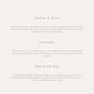 May include: A cream-coloured graphic with text detailing the steps to access, personalise, and download a template. The text includes instructions for accessing the template after purchase, editing in a web browser, and downloading as a PDF, JPG, or PNG.