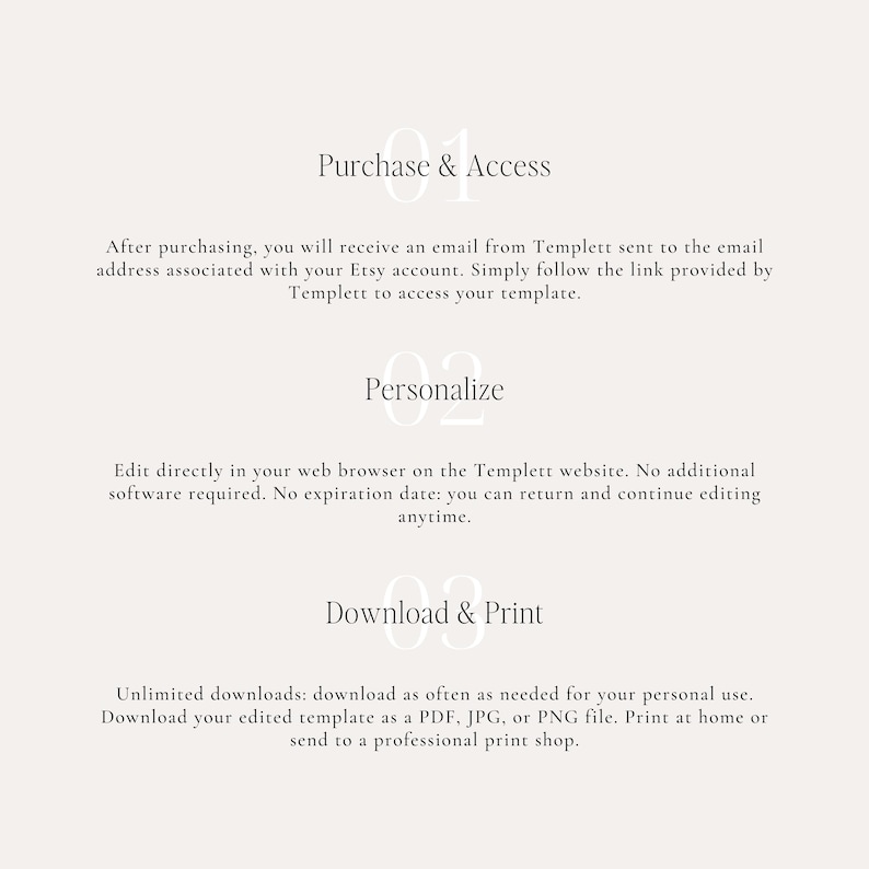May include: A cream-coloured graphic with text detailing the steps to access, personalise, and download a template. The text includes instructions for accessing the template after purchase, editing in a web browser, and downloading as a PDF, JPG, or PNG.