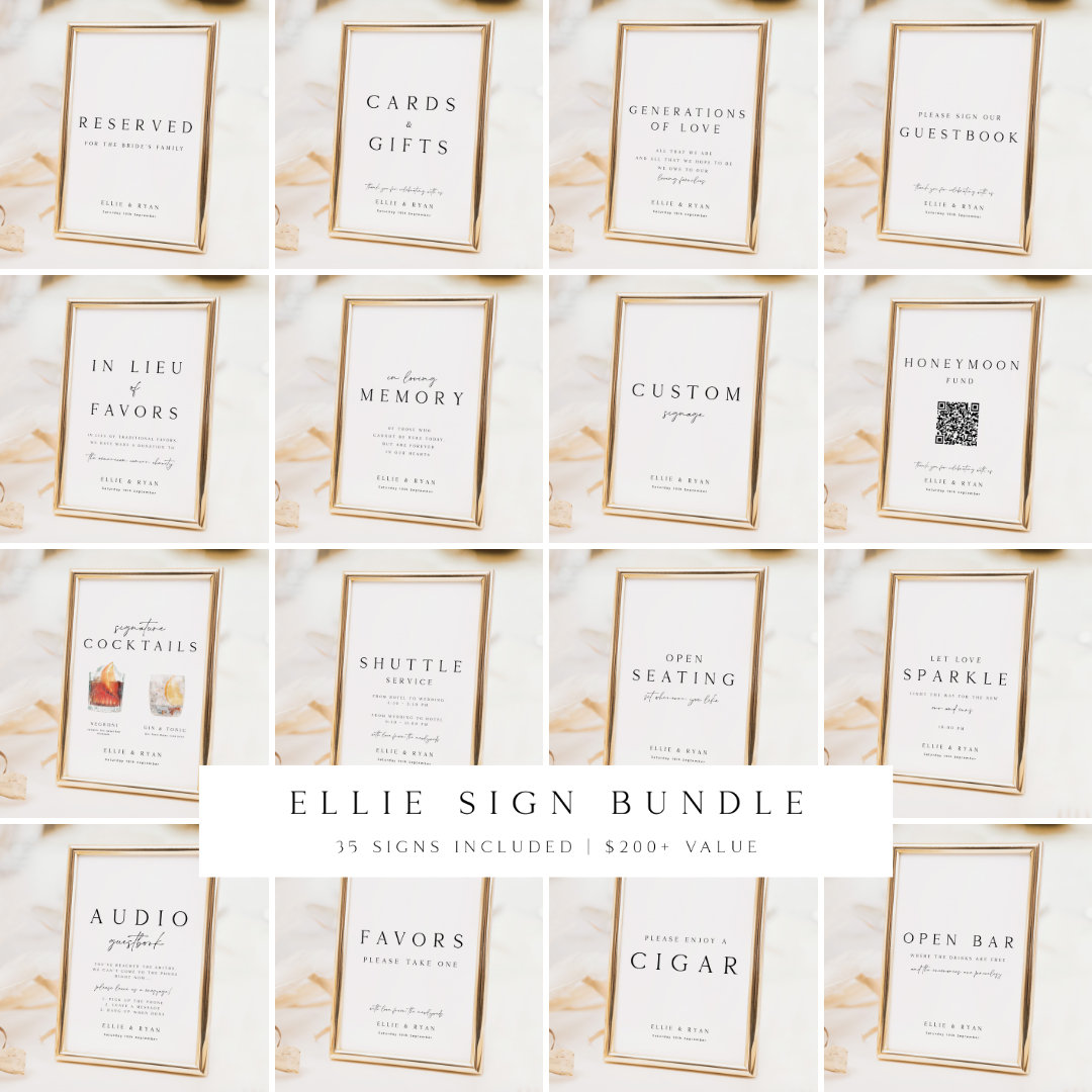 ELLIE Minimalist Wedding Sign Bundle, Modern Wedding Signage Template Bundle, Reception Sign Template Bundle, Wedding Table Signs Package