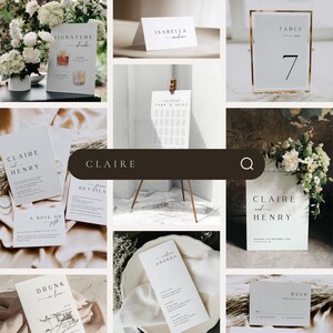 Peut inclure: Une collection de papeterie de mariage au design minimaliste. La papeterie comprend un plan de table, des num&eacute;ros de table, des cartes RSVP et un menu de boissons signature. Le texte sur la papeterie comprend les noms "Claire et Henry" et "Isabella".