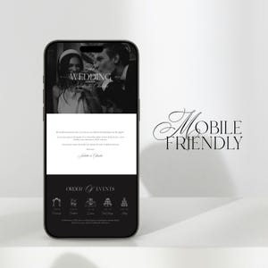 May include: A smartphone displays a wedding invitation with a black and white photo of a couple. The invitation includes the text "The Wedding" and "Mobile Friendly" in elegant script. The design features event details.