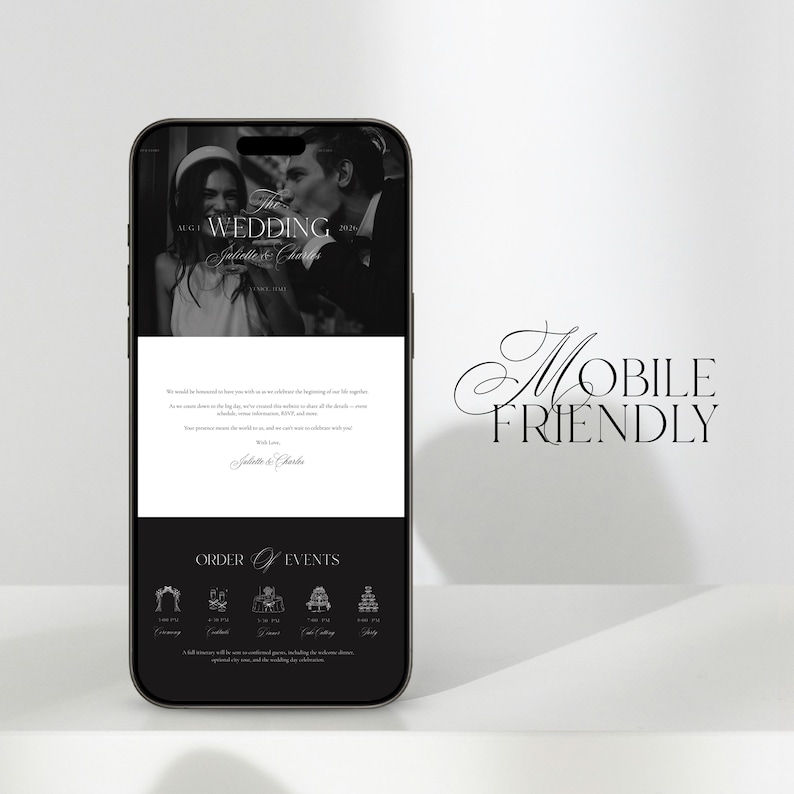 May include: A smartphone displays a wedding invitation with a black and white photo of a couple. The invitation includes the text "The Wedding" and "Mobile Friendly" in elegant script. The design features event details.