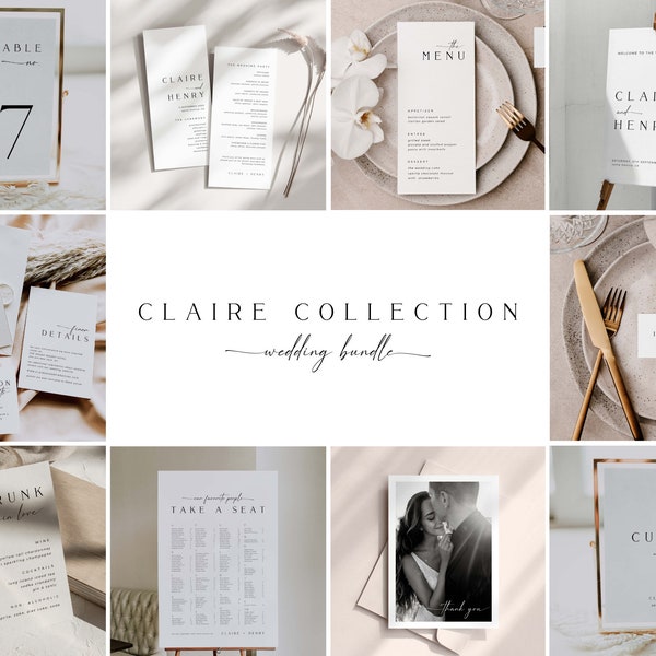 CLAIRE Paquete de invitación de boda moderno mínimo, paquete de boda grande minimalista, paquete de plantilla de boda elegante moderno, suite de invitación