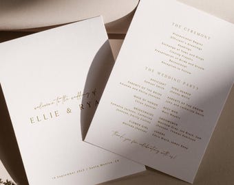 ELLIE Minimal Gold Wedding Program Template Download, Gold Wedding Ceremony Program, Printable Elegant Wedding Program, Order Of Service