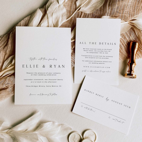 ELLIE Minimal Wedding Invitation Suite Template, Modern Weding Invitation Tamplate, Wedding Invitation With Rsvp, Wedding Invitation Set