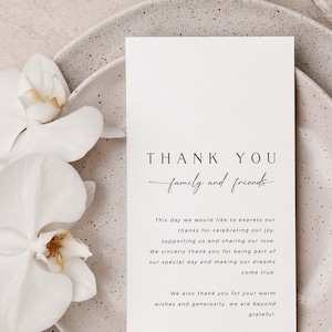 Modèle de carte de remerciement pour table de mariage minimal CLAIRE à télécharger, note de serviette de remerciement simple, menu de mariage imprimable lettre de remerciement bricolage