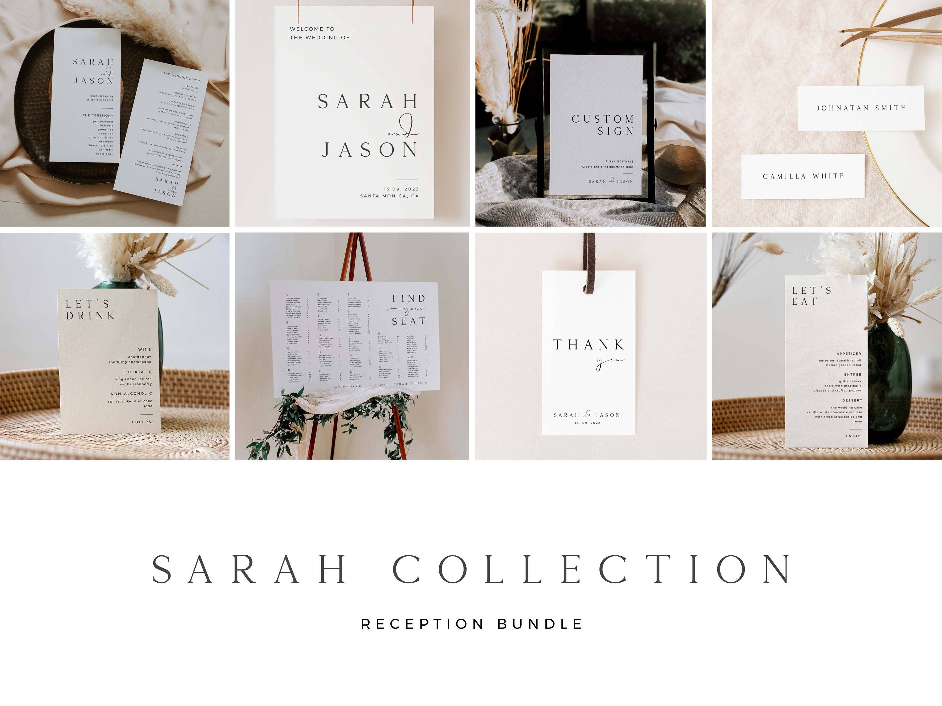 SARAH Minimal Wedding Reception Bundle, Printable Wedding Signs Template Download, Modern Wedding Signage, Fully Editable Instant Download