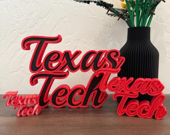 May include: Red and black 3D-printed "Texas Tech" word art. The words are layered, with a red top layer and a black shadow. The image includes a vase with colorful flowers.