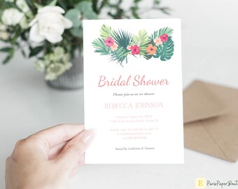 Tropical Bridal Shower Invitation, DIY Invitation Template, Beach Wedding, Summer Wedding, Digital Download, Printable Invitation, Canva