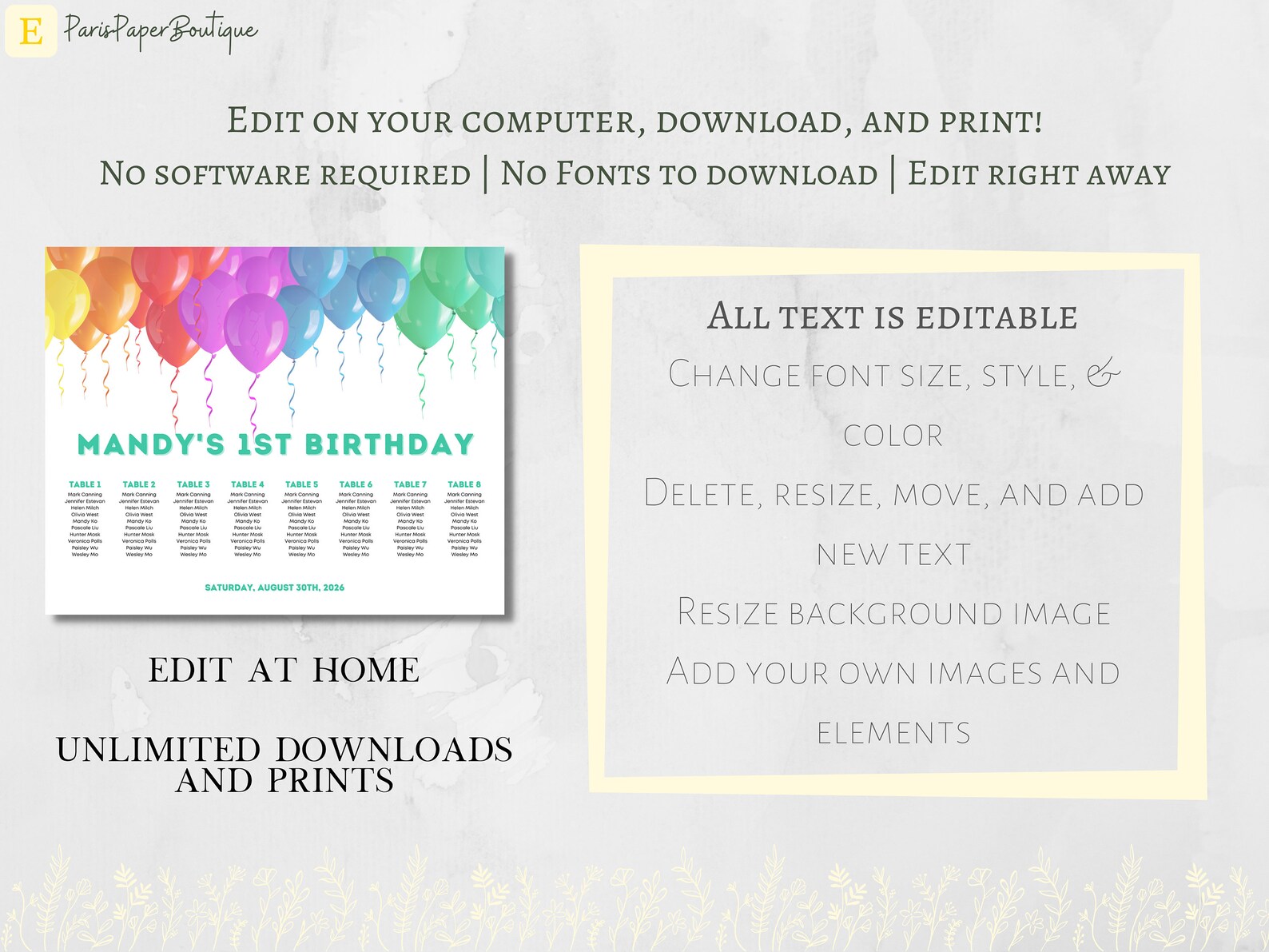 Birthday Party Seating Plan, Custom Seating Chart Template, DIY Party Sign, Kids Birthday