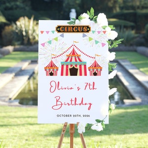 Carnivals Circus Printed on Foam Board Personalized Birthday Welcome Sign Welcome Poster Board Stripe Line Background Red Curtain