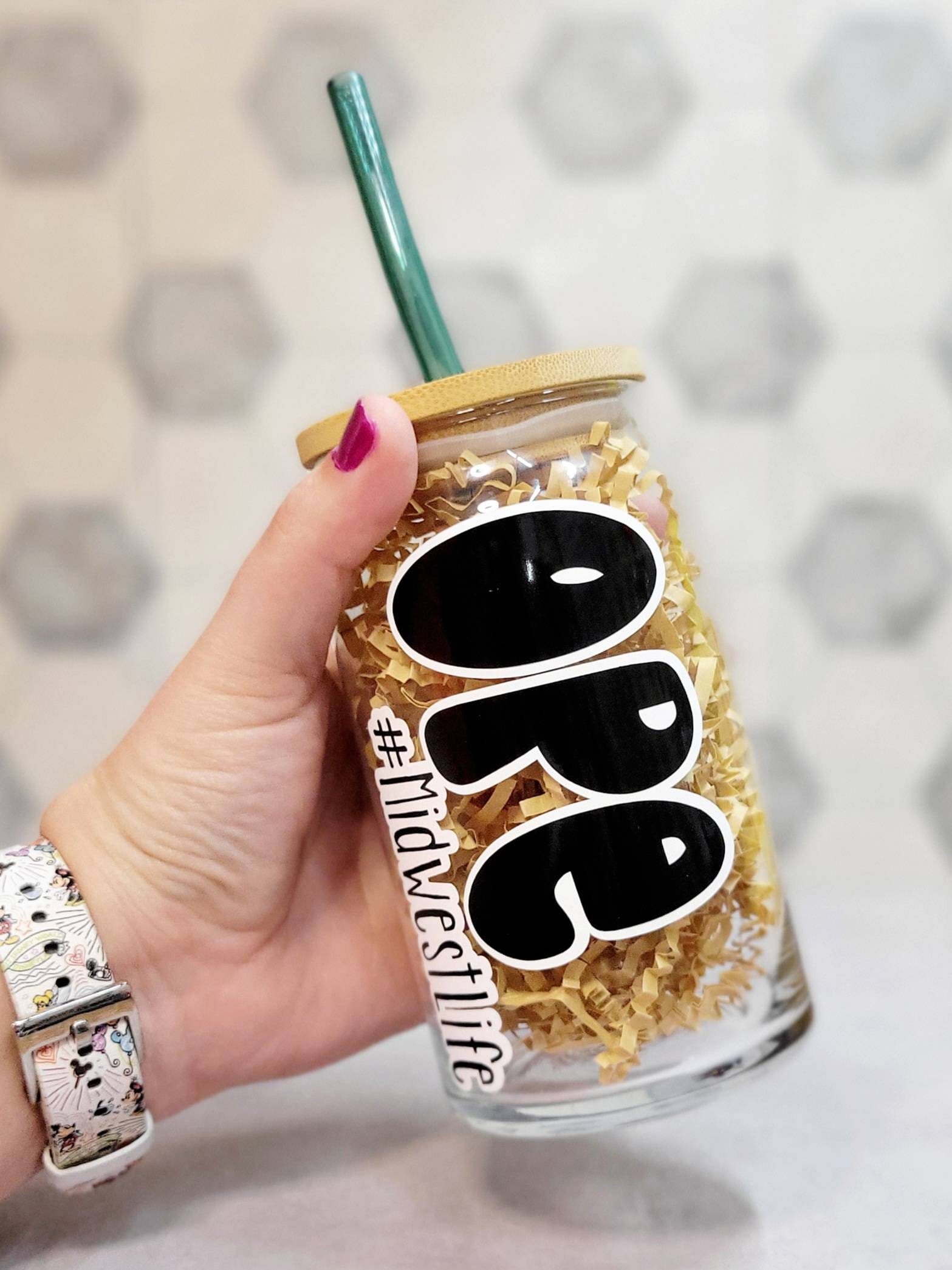 Drinkware Glass Can Iced Coffee Cup Mama Bamboo Lid Glass Straw ...