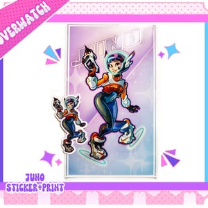 May include: A sticker and print set featuring a female character named Juno from the Overwatch video game. Juno is depicted in a futuristic, space-themed design with a bright orange, blue, and white color scheme. The sticker is a smaller version of the print, showing Juno in a similar pose.