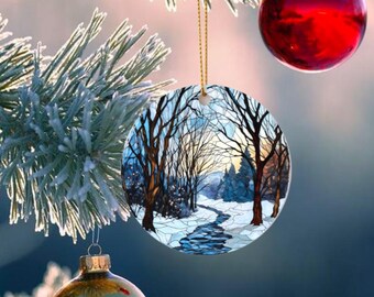 Adorno de MDF con aspecto de vitral con escena invernal. Envío gratuito por correo. (1)