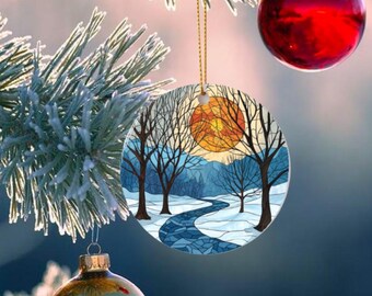 Adorno de MDF con aspecto de vitral con escena invernal. Envío gratuito por correo. (2)