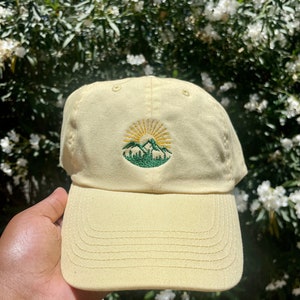 Adventure Mountain Machine Embroidered Dad Cap | Sunset Mountain With Trees Embroidered Hat | Mountain Hiking Green Mountains Sunset Hat