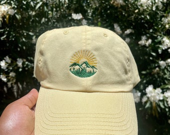 Adventure Mountain Machine Embroidered Dad Cap | Sunset Mountain With Trees Embroidered Hat | Mountain Hiking Green Mountains Sunset Hat
