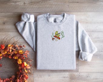 Moletom bordado com sapo vintage: gola redonda estilo cogumelo cottagecore