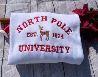 North Pole University Christmas Sweatshirt: Handmade Embroidered Holiday Crewneck